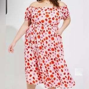 Torrid 2 Retro Chic Dress Pockets Strawberry Floral Midi Cottagecore Novelty